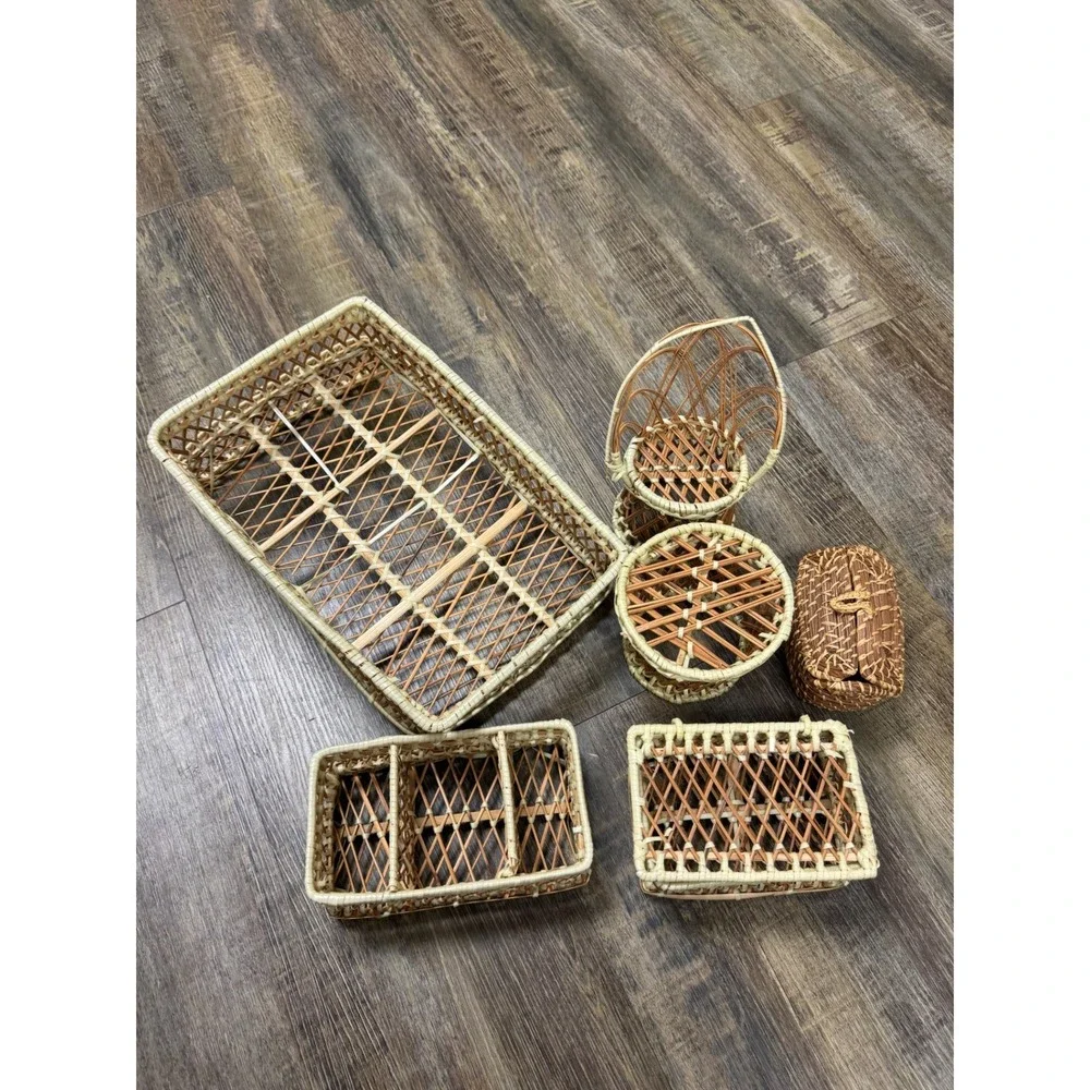 Vintage Wicker Rattan Miniature Furniture Basket Set 6pc Boho Peacock Chair Tray